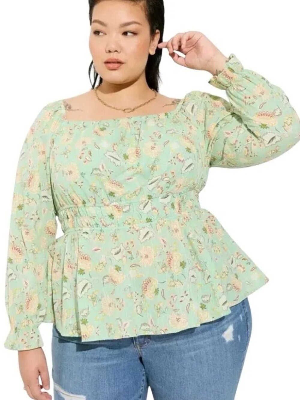 Torrid Square Neck Peasant Blouse Long Sleeve Green Floral Cotton Dot Womens 1X